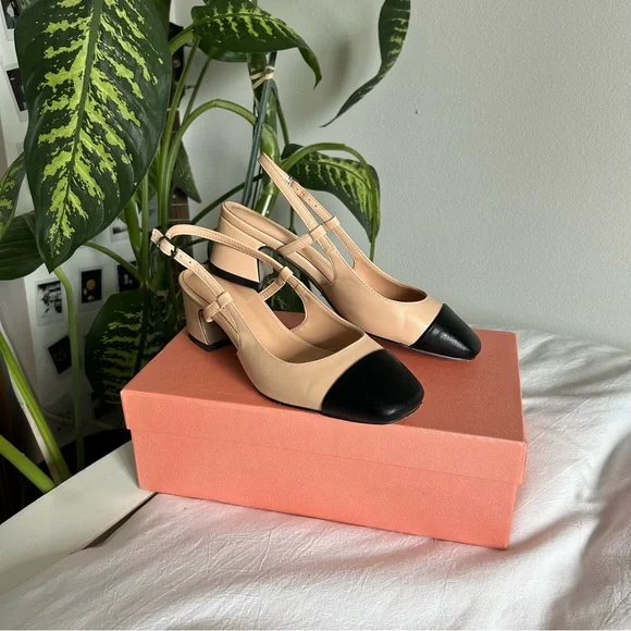 Black toe square heel kitten slingback heels tan - Picture 1 of 4